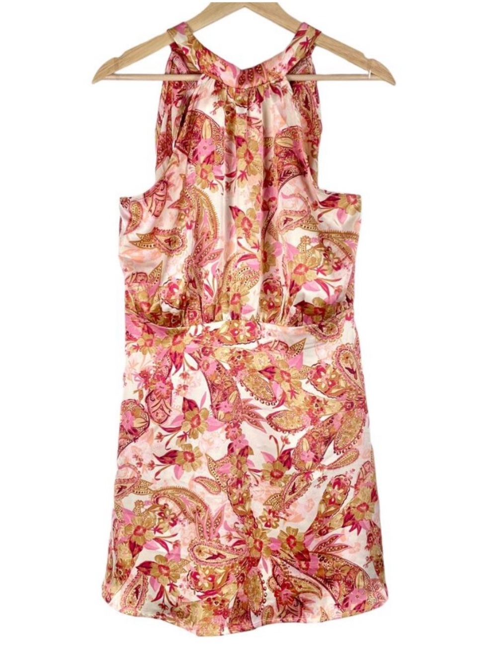 Lush Floral Paisley Satin Halter Neck Mini Dress Size S Pink Ivory Hippie Party